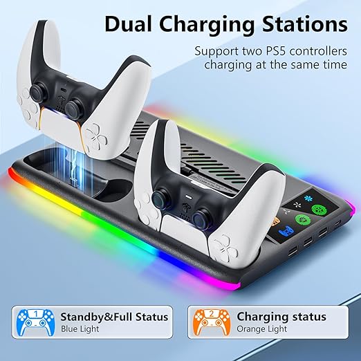 BRHE PS5/Slim/Pro Cooling & Charging Station with Cooling Fan,PS5/Slim/Pro Stand for Disc & Digital Console,PS5 Controller Charger,PS5 Accessories with 3 Charging Ports,Headset Holder