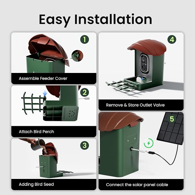 HEAPETS Bird Feeder with Camera Solar Powered, 3K HD Video, AI Bird Recognition, Auto Capture with Instant Notifications, IP65 Weatherproof, Gifts for Fathers Day, Brown