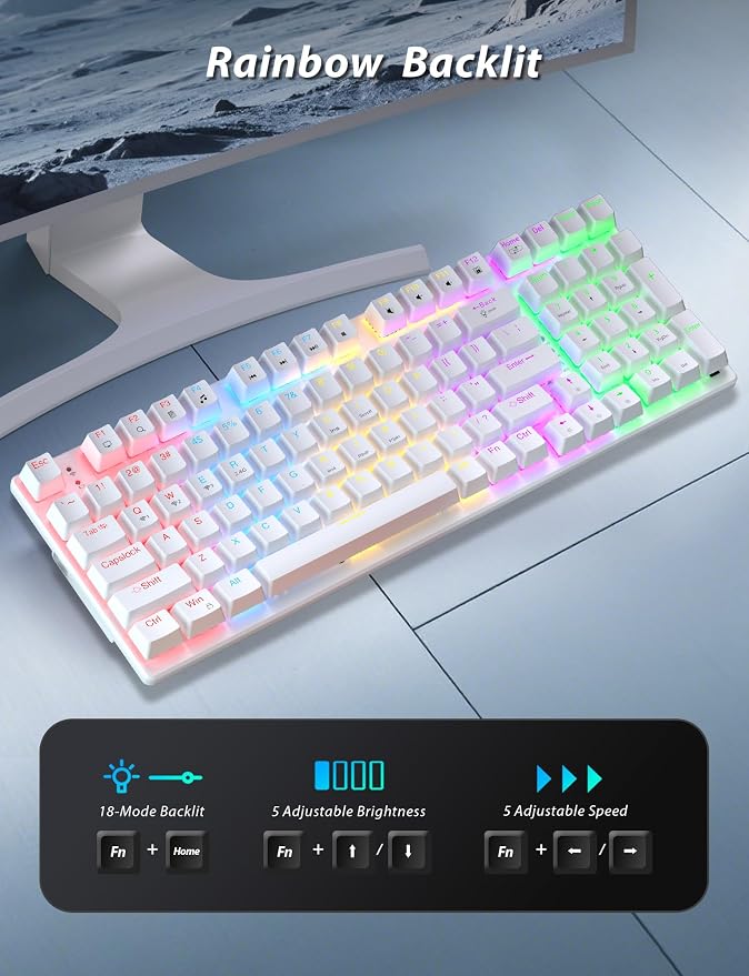 Wireless Mechanical Keyboard and Mouse Combo, 98-Key Gaming Keyboard with RGB Backlit, Tri-Mode BT5.0/2.4G/USB-C, 4000mAh Battery, 3200 DPI Gaming Mouse with Mouse Pad for PC, Laptop, Tablet(White)