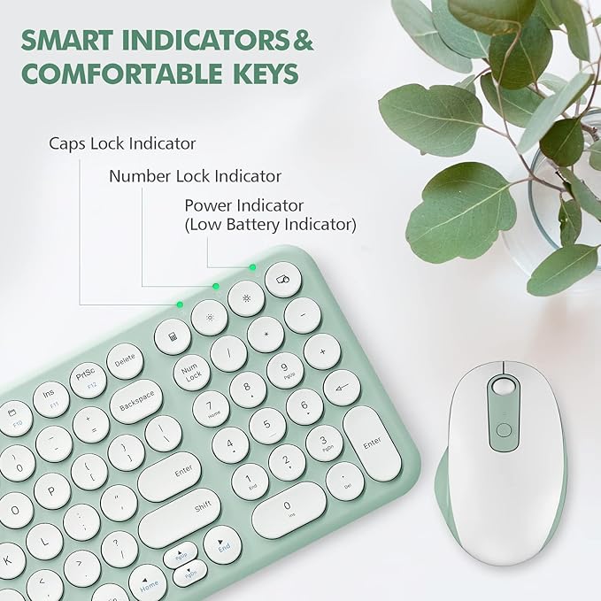 Wireless Keyboard and Mouse, XTREMTEC Compact Full Size Cute Keyboard Retro Round Keycap - 2.4GHz Ultra-Slim Quiet Aesthetic Keyboard for Laptop iMac Windows Computer (Macaron Green A)