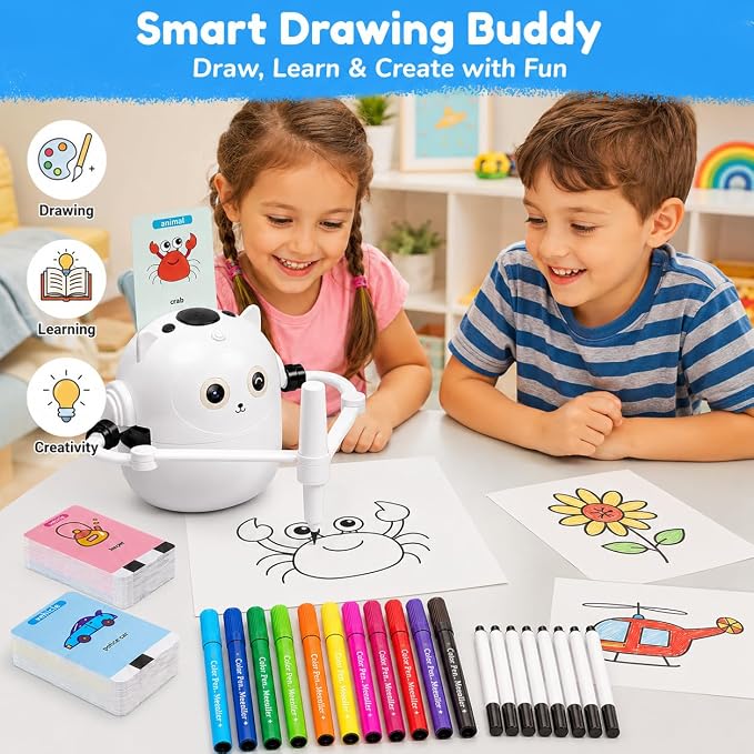 Drawing Robot for Kids with Music, Interactive Educational Drawing Machine with 100 Drawing Cards & 16 Color Pens, Magic Painting Learning Toy Gift for Girls and Boys Age 3 4 5 6 7 8