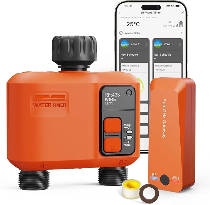 WiFi Water Timer for Garden Hose with 984 ft Range,Smart 2- Zone Sprinkler Timer, APP & Remote Control, Voice Control,Rain Delay, Manual Mode Sprinkler System, Lawn Sprinklers for Yard Large Area