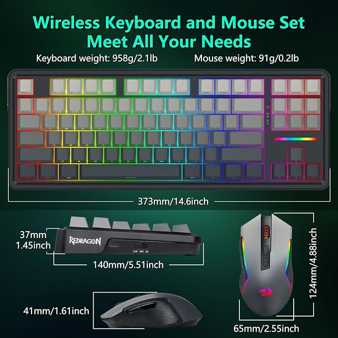 Redragon Wireless Mechanical Keyboard and Mouse Combo, Bluetooth/2.4Ghz/USB-C Wired, RGB Backlit, TKL Creamy Gaming Keyboard with Hot Swappable Linear Switches + 12800 DPI Gamer Mouse