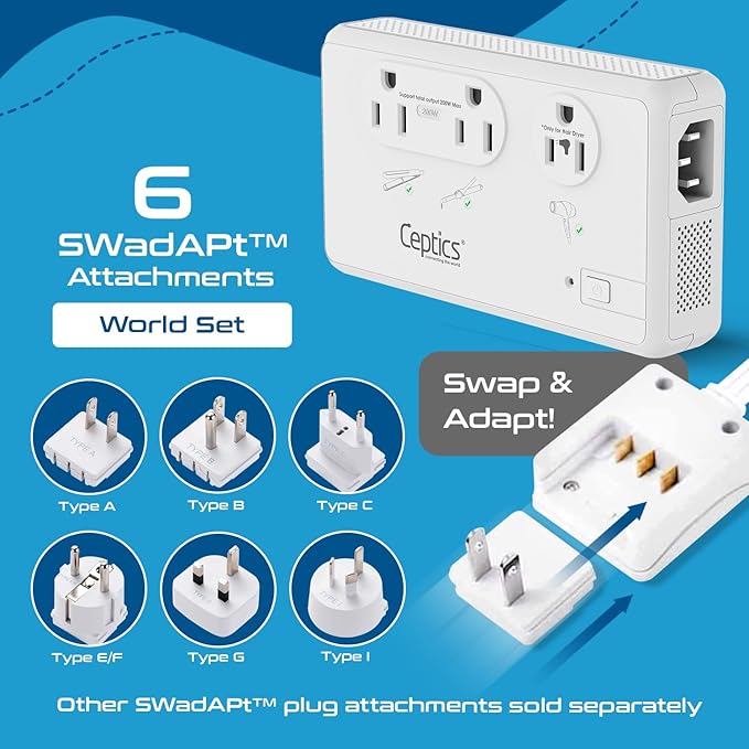 Ceptics 220V to 110V Travel Voltage Converter for Hair Dryer, 2000W & 200W outlets for Dryers, Curling Iron, Straightener, Chargers, Step Down, 4 USB Ports (1x USB-C) with 6 SWadApt attachments