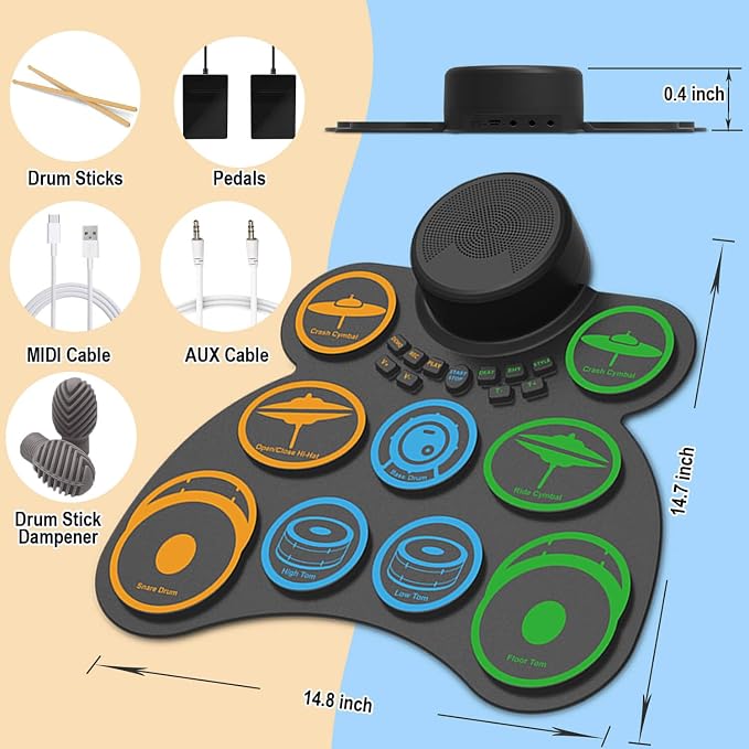 Electric Drum Set for Kids & Adults, 9-Pad Electronic Drum Pad with 0.32" Thickened Silicone, Built-in Speaker, Rechargeable Battery, Headphone Jack. Portable Electric Drums Gift Bateria Electrica