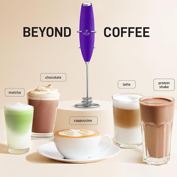 Zulay Kitchen Powerful Milk Frother Wand With Duracell Batteries - Ultra Fast Handheld Drink Mixer - Electric Whisk Foam Maker for Coffee, Lattes, Cappuccino & Matcha - Triple Whisk - Wine Purple