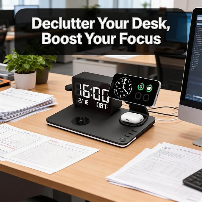 25W Magnetic Wireless Charging Station with Bluetooth Clock, 7-in-1 Rotatable Stand with Dimmable LED Lamp, 65W Adapter, Charger for iPhone 17/16/15 Apple Watch AirPods Bedside Nightstand Desk