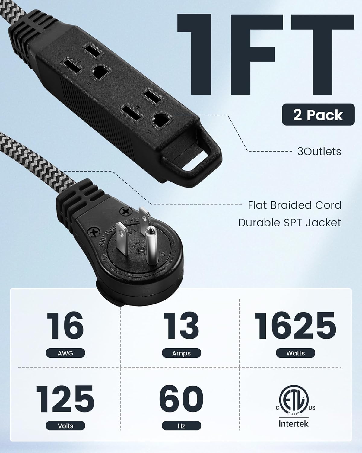 SURAIELEC 1FT 360° Rotating Flat Plug Extension Cord Flat Wall Plug with 3 Outlets, Braided Flat Black Extension Cord for Indoor Use, Small Space, 16/3C SPT, ETL Listed, 2 Pack