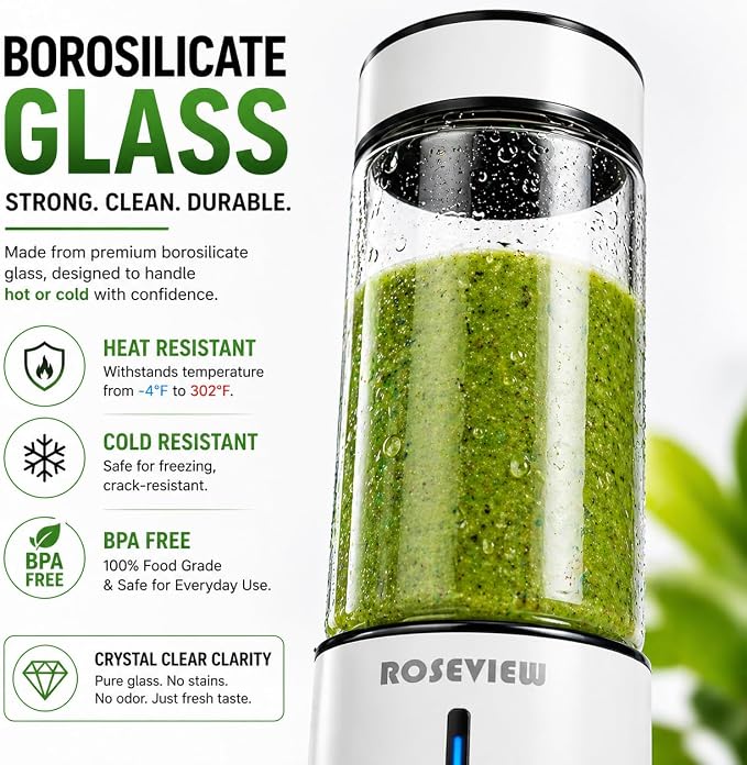 Portable Smoothie blender ROSEVIEW Glass bottle USB rechargeable mini Handheld Ice Shakes Cup 2 blend juicer Cordless Personal smoothies maker Fruit mixer (Steel) (Egg Shell)