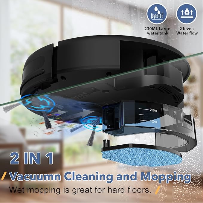 Robot Vacuum and Mop Combo, 2-in-1 Robotic Vacuum Cleaner with Strong Suction, Self-Charging, APP/Alexa/Remote Control, Ideal for Hard Floor, Pet Hair, Carpet, Long Runtime, Slim Design
