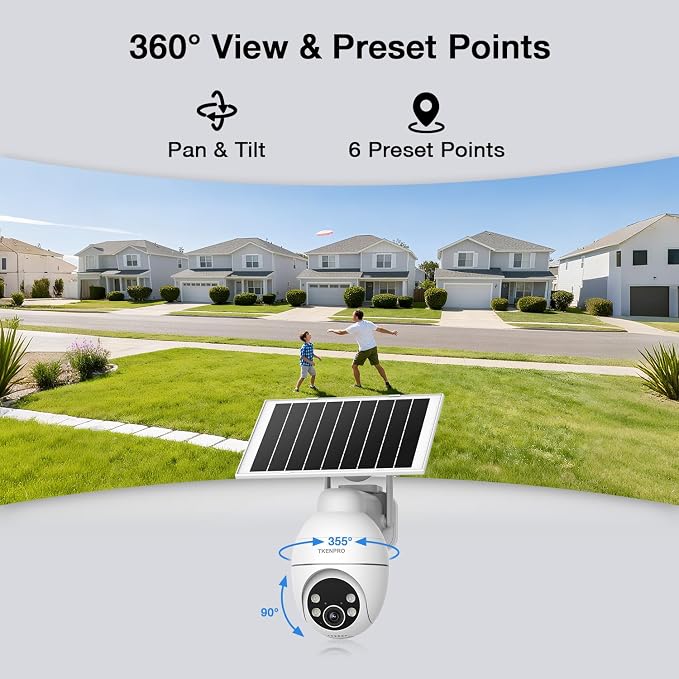 TKENPRO Solar Security Cameras Wireless Outdoor, 2.4GHz Wi-Fi, 24/7 Continuous Recording, Human Auto Tracking, Outdoor Camera Wireless with 2K Color Night Vision, 360° Panoramic View