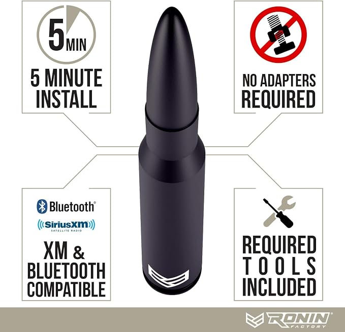 Ronin Factory 50 Cal Bullet Antenna - Ford F150 F250 F350 Super Duty Raptor (Bronco 21-23) Truck Accessory - RAM 1500 Short Antenna Replacement
