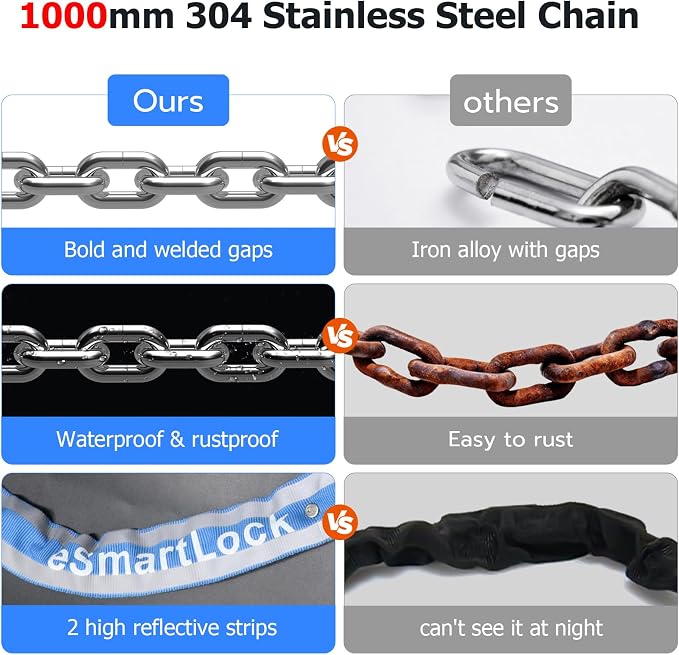 Chain Lock eLinkSmart Keyless Waterproof Bicycle 100CM Chain Lock for Bike Scooter Motorcycle Door Fence Gate Fingerprint Bluetooth App Heavy Duty Security Blue