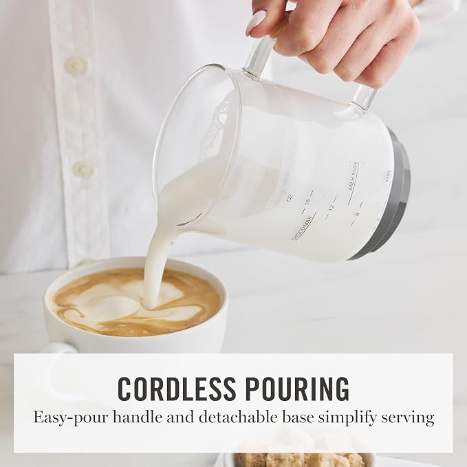 Martha Stewart Milk Frother and Steamer, 10oz/300ml Glass Cup, 4 Presets (Cold Foam, Light, Dense & Hot Chocolate), Ready in 90 Seconds, Cordless Pouring, One-Touch for Hot and Cold Milk, Caviar Gray