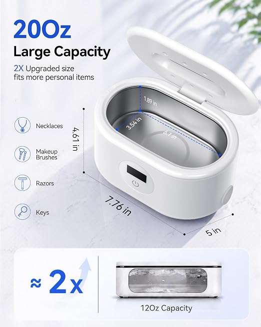 Miorcols Ultrasonic Jewelry Cleaner, Ultrasonic Cleaner Machine with Digital LED Display, 20oz 304 Stainless Steel Tank for Jewelry, Eyeglasses, Watches, Dentures, Retainers & More - White | 48KHz Extra High-Frequency Large 20Oz Capcity 2 Easy Operated...