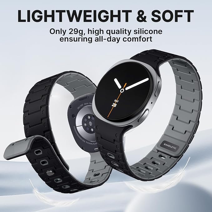 Bandletic Silicone Magnetic Band Compatible with Samsung Galaxy Watch 8 40mm 44mm / 8 Classic 46mm 2025, No Gap Soft Sport Wristbands Breathable Replacement Strap for Men Women, Black/Gray