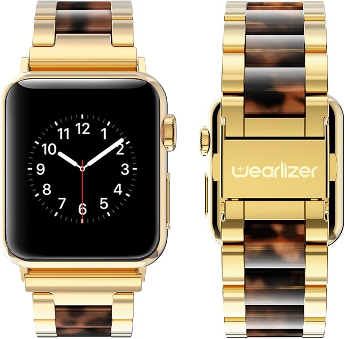 Wearlizer Compatible with Apple Watch Band 42/44/45/46/49mm Replacement Womens Mens Wristbands Gold Stainless Steel Tortoise Resin Strap Metal iWatch Series 11 10 9 8 7 6 5 4 3 SE/Ultra 3 2 1