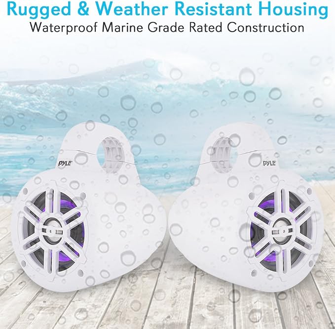 Pyle Waterproof Marine Wakeboard Tower Speakers - 4in Dual Subwoofer Speaker Set w/LED Lights & Bluetooth for Wireless Music Streaming - Boat Audio System w/Mounting Clamps PLMRLEWB47WB (White)