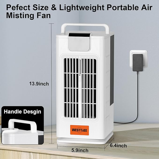 WESTTREE 2000ML Misting Tower Fan Air Conditioner Fan,3 Level Humidify & 4 Speeds, 7 RGB Color Night Lights,Desk Portable Air Conditioners for Bedroom Home Misting Fan F10 white-FU