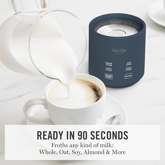 Martha Stewart Milk Frother and Steamer, 10oz/300ml Glass Cup, 4 Presets (Cold Foam, Light, Dense & Hot Chocolate), Ready in 90 Seconds, Cordless Pouring, One-Touch for Hot and Cold Milk, Indigo Blue