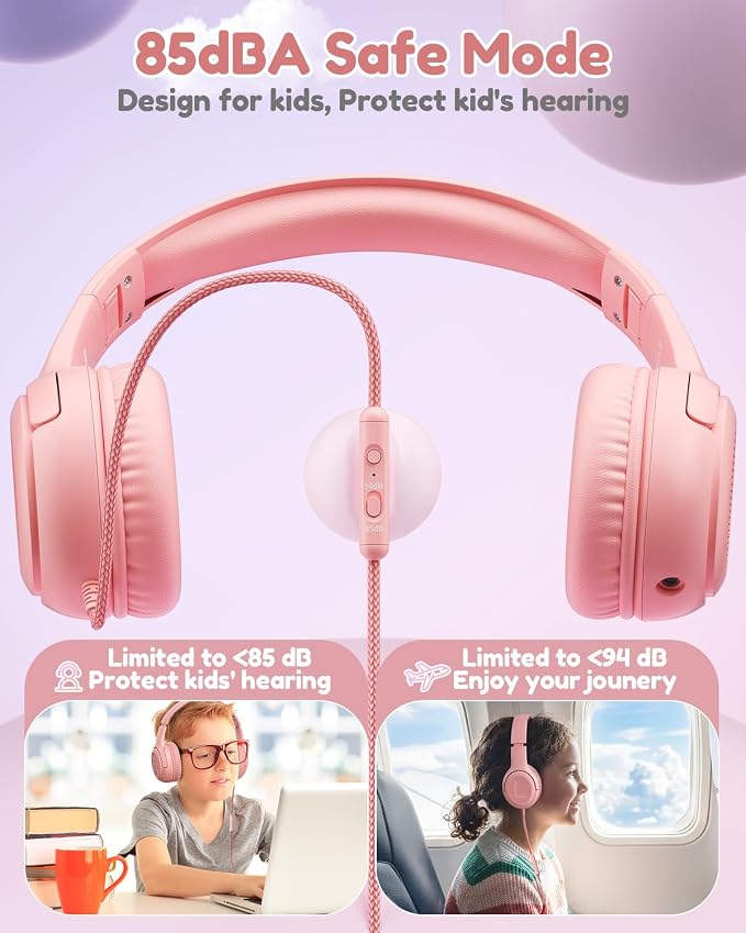 Kids Headphones with Microphone Foldable Stereo Tangle-Free 3.5mm Jack Wired Cord On-Ear Headset for Children/Teens/Boys/Girls/Smartphones/School/Kindle/Airplane Travel/Plane/Tablet (Pink)