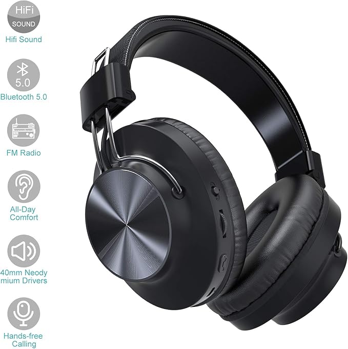 Bluetooth 5.0 Over- Ear Wireless Headphones 30 Hours Battery, FM Radio, MP3 Player, Micro SD/TF with 40mm Deep Bass Drivers, Premium Microphone Built-in Headset, Foldable, Comfortable, Mowing