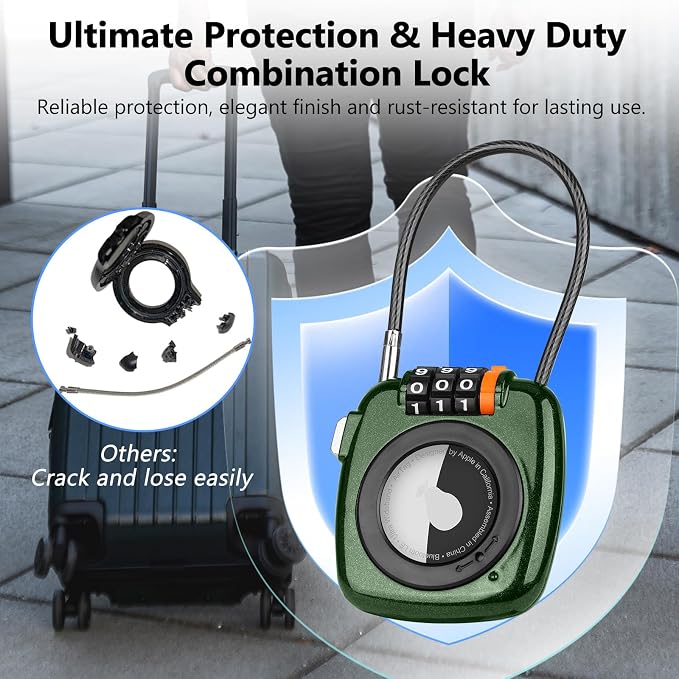Compatible with Apple AirTag Secure Lock with Wire Cable, 3-Digit Combination Luggage Locks, Alloy Body Ultra Durable Anti-Lost Protective Case for Luggage, Bags, Suitcase, and Backpacks (GREEN)
