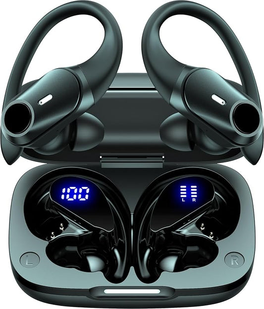 Active Noise Cancelling Wireless Earbuds Bluetooth Headphones 80H Playtime Ear Buds with Power Display Case Hi-Res Sound & Clear Calls Over Ear Hooks Earphones for Sports Running Gym Workout Black