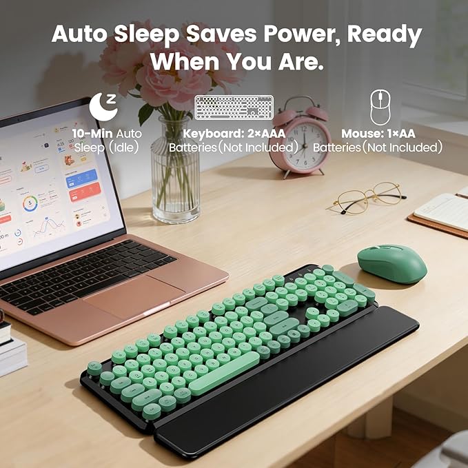 Wireless Keyboard and Mouse Combo with Magnetic Wrist Rest, Round Keycaps, Full-Size Retro Typewriter-Style Keyboard, Tilt Legs, Auto-Sleep, 2.4GHz Wireless for Windows PC Laptop, Forest Green & Black
