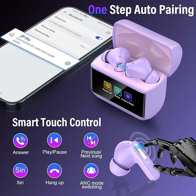 Wireless Earbuds with Touch Screen, Bluetooth 5.4 Headphones, ANC/ENC Noise Cancelling, 48H HiFi Stereo Bluetooth Ear Buds with 5 EQ Modes, Transparency Mode, IPX7 Earphones, Purple