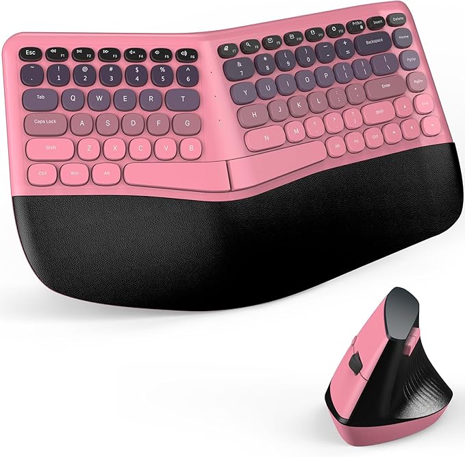 MOFII Wireless Ergonomic Keyboard & Mouse Combo – Split Curved Keyboard with Wrist Rest (All-Day Comfort) + Wireless Vertical Ergonomic Optical Mouse, Compatible with PC/Laptop/Desktop- Pink Gradient