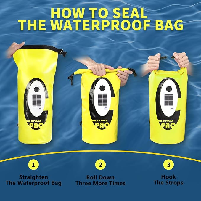 FELICON Waterproof Dry Bag Backpack with Bluetooth Speaker, 10L Roll Top Floating Sack, Solar & USB-C Powered Emergency Charger, RGB Light, Heavy Duty PVC for Kayaking Camping, Neon Yellow