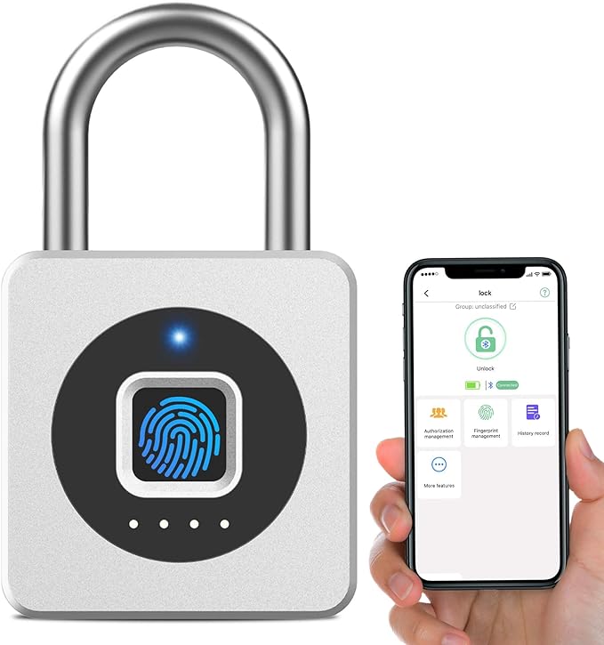 eLinkSmart Fingerprint Gym Locker Lock, Keyless Biometric Padlock, Weatherproof Electronic Digital Bluetooth App Smart Combination Pad Lock for Outdoor Fence Gate Storage Unit Pool Shed - Silver