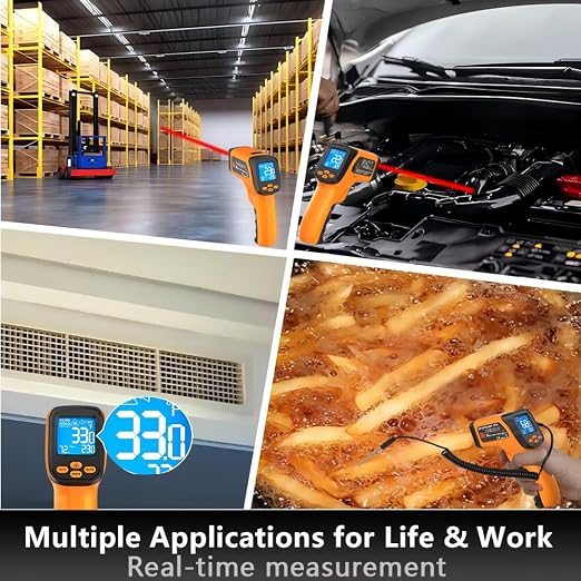 Infrared Thermometer Gun for Cooking, Non Contact Thermometers Laser Temperature Guns with K-Type Probe, 12:1 Dual-Mode Temp Gun (-58°F to 1472°F), Pizza Oven, BBQ, Home Repairs, HVAC