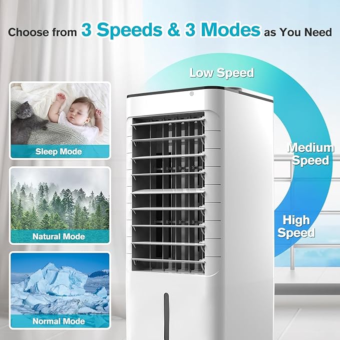 Windowless Portable Air Conditoners, 3-IN-1 Portable AC with Remote, 3 Modes 3 Speeds, 1.16Gal Tank & 12H Timer, 45° Oscillation, Fast Cooling Quiet Ventless Swamp Cooler for Room Home Office, Pearl