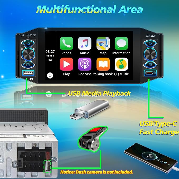 Car Stereo with Wireless Apple Carplay & Android Auto, 5" IPS Single Din Touchscreen Radio, Bluetooth 5.2, Physical Knob Control, Waterproof Backup Camera, FM AM, MirrorLink, USB/Type-C, Navigation