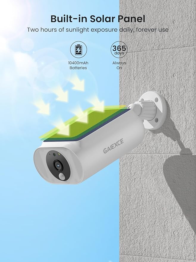 Solar Security Camera, Wireless Security Camera Outdoor, 2K with Integrated Solar Panel, Night Vision, Continuous Power, 2.4/5 GHz Wi-Fi, for Surveillance, Compatible with Alexa