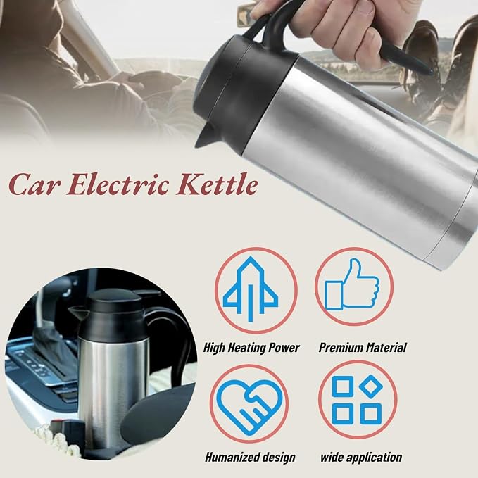 750ml Portable Electric Travel Bottle Car Electric Kettle for Heating Water Coffee Milk Tea Stainless Steel Car Water Boiler (12V Car Water Heating Kettle)