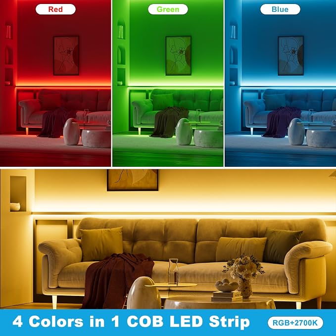RGBW COB LED Strip Light 20ft RGB+2700K 12V Color Changing UL-Listed LED Light Strip Multicolored Flexible RGB Lights for Party Decoration Home DIY Lighting Projects(NO Adapter or Controller)
