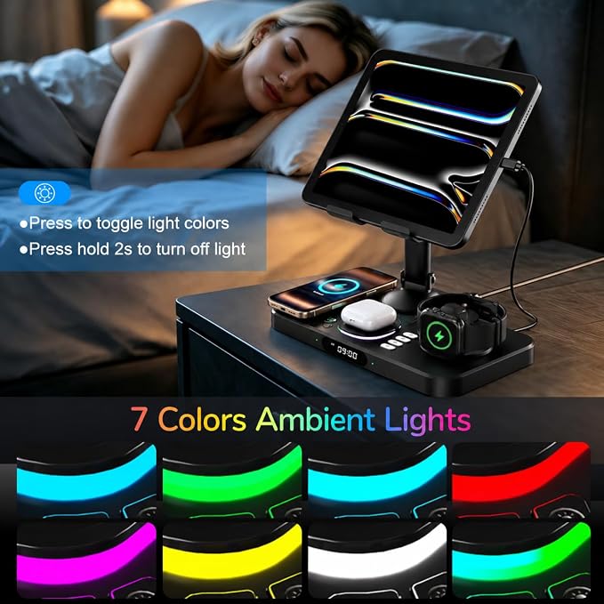 Magnetic Charging Station for Apple Multiple Devices, Wireless Charger with Clock & Light, Foldable Wired Charging Stand for iPad/Tab, Mag-Safe Charger for iPhone 17, for Apple Watch for AirPods
