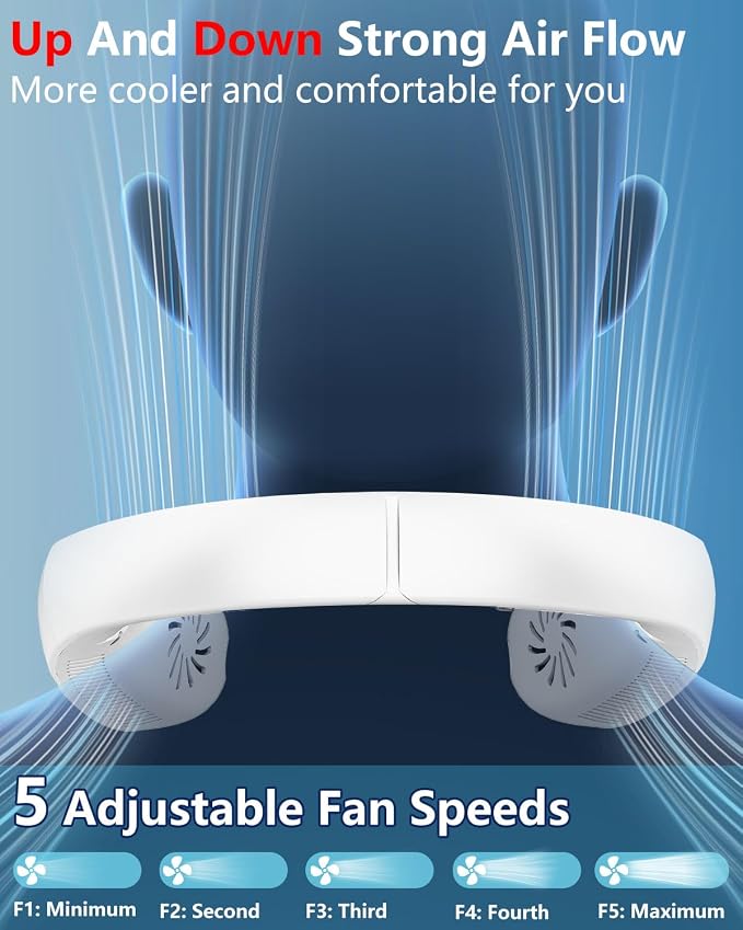 Neck Fan that Blow Cold Air with Mist, 5 Speeds USB-C Rechargeable 4000mAh Battery, Folding Personal Mister with LED Display, Bladeless Wearable Neck Air for Kids Women Men Outside Sports Work, White