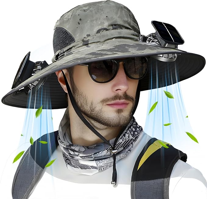 Solar Fan Hat, Wide Brim Sun Hat with 2 Built-in Solar Fans, UPF 50+ Sun Protection Outdoor Fishing Hiking Camping Beach
