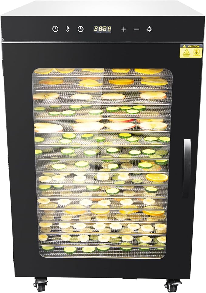 CLIVIA Commercial Food Dehydrator 16 Trays, 1600W Large Capacity 26.18 ft² Industrial Dehydrator with Wheels, Stainless Steel Dryer for Jerky, Meat, Fruit, Herbs, 86-194°F Temp Control & 24H Timer