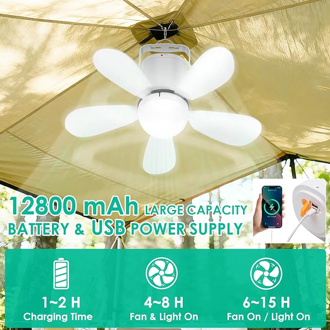 Battery Operated Ceiling Fan Light, Portable Ceiling Fan with Remote, Wireless Rechargeable Gazebo Fan Light for Outdoor, for Tent Porch Patio Camping Canopy Chicken Coop Outside