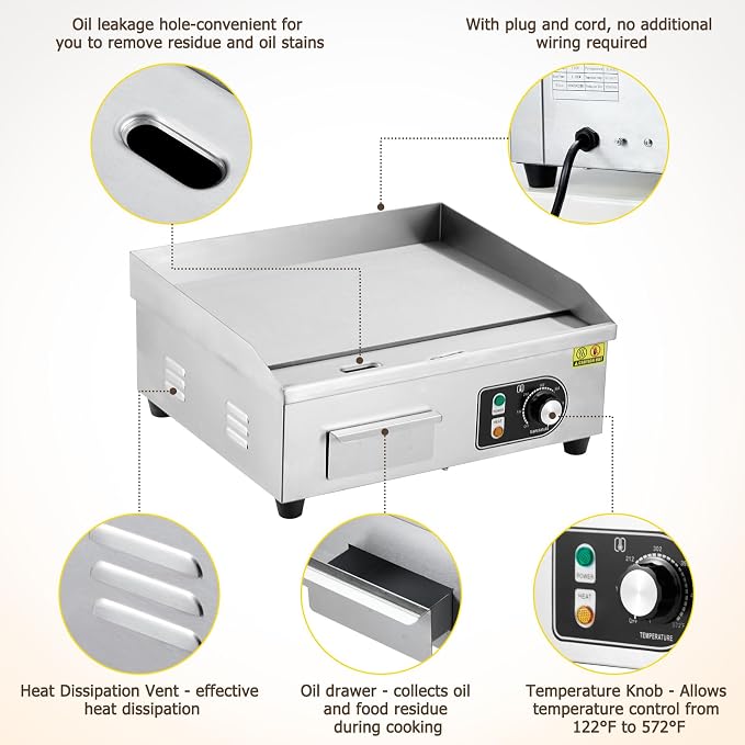 Takywep 14 inch Commercial Electric Griddle, 1500W Countertop Griddle, Non-Stick Restaurant 110V Teppanyaki Flat Top Grill Stainless Steel Adjustable Temperature Control 122°F-572°F (with PLUG)