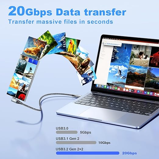 LDLrui USB C Monitor Cable, 4K 60HZ Display, Right Angle 10FT, 20Gbps Data Transfer, 100W Charging, 90 Degree USB 3.2 Gen2x2 Video Cable for MacBook Pro, iPhone17/16, Portable Monitor, Webcam