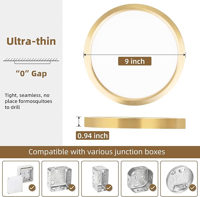 Hlite 6pack 9 Inch Flush Mount LED Ceiling Light Fixture,18W 1800LM Super Slim Light Fixtures Ceiling Mount 3000K/4000K/5000K 3CCT Selectable,Light Fixtures for Kitchen,Bedroom (Gold)