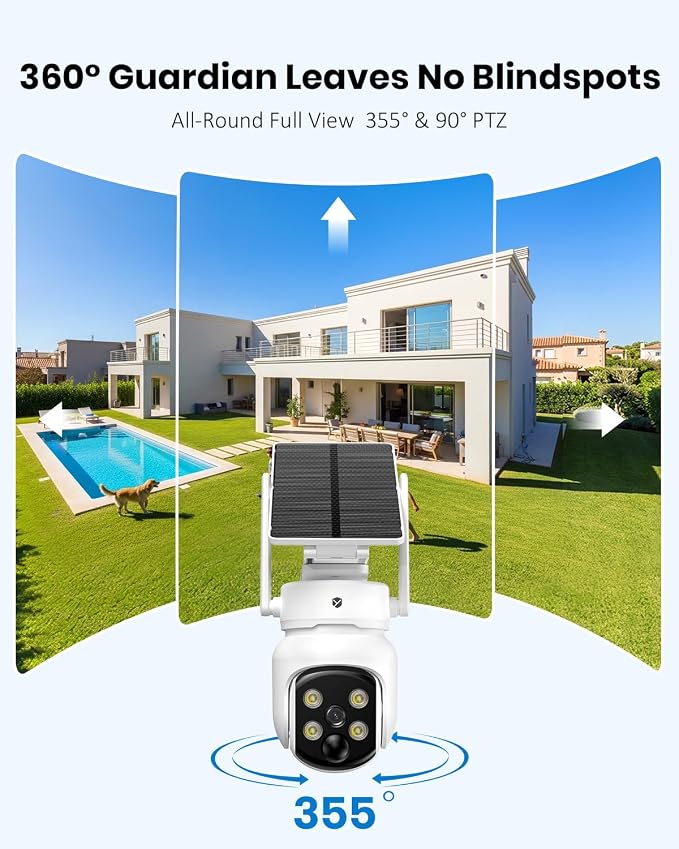Solar Camera Wireless Outdoor, Security Camera with 2-in-1 Solar Panel, 4MP PTZ WiFi Camera, 360° Coverage, Dual-Band 2.4/5GHz, Color Night Vision Spotlight, Human Detection, No Monthly Fee