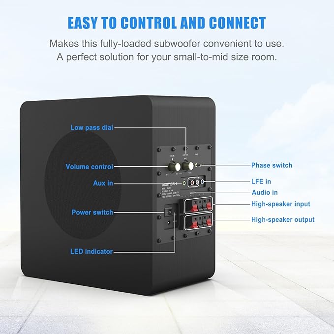 BESTISAN Powered Subwoofer, 6.5'' Side Firing Home Audio Sub, Deep Bass Response Subwoofers, Easy Setup with Home Theater Systems, TV, Speakers, RCA, LFE, AUX Input, High-Level Speaker Input & Output