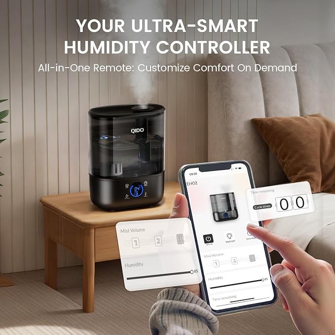 QIDO Top Fill Humidifiers for Bedroom, 5 L Cool Mist 36H Super Long Time, Quiet 28dB Essential Oil Diffuser for Baby & Plants, 3 adjustable Mist with Touch/APP/7-color Nightlight, Black
